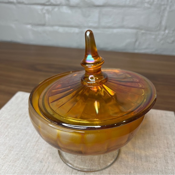 Vintage MCM Marigold Iridescent Carnival Glass Lidded Footed Candy Dish With Lid - Picture 9 of 10